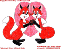 Valentine the fox gives Velvet a chocolate heart for Valentine's Day.  Drawn by artist Jamie Malecki