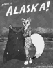 Foxee holding the Alaskan flag with the Alaskan city skyline of Anchorage behind her.  This art piece was created to celebrate the Midwest Furfest convention's 2008 theme "North to Alaska!"