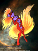 A very sexy furry pin-up version of Ember, the Celestial Fire Fox, setting herself ablaze in the Orion Nebula