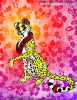 Makani, the Hawaiian cheetah, on a colorful floral Hawaiian shirt-style background.