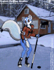 Foxee standing on a frozen pond in front of a cozy cabin and looking for a game of pond hockey!