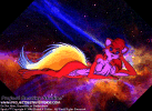 A very sexy furry pin-up version of Sparks, the Celestial Fire Fox, playfully laying and waiting for you in a bed of stars