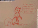 A sketch of Velvet the red fox vixen drawn on a paper tablecloth in the Con Suite at Midwest Furfest 2011.
